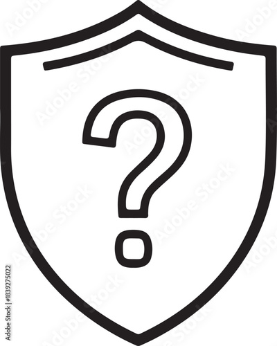 Black Outline Shield with Question Mark Icon – Minimalist Security Symbol for Uncertainty, Protection, and Inquiry Concepts