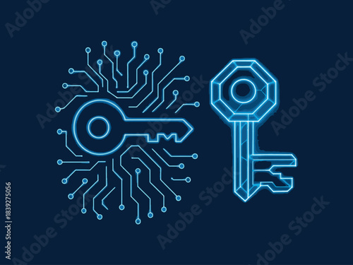 Digital encryption key symbol with geometric neon lines, technology vector