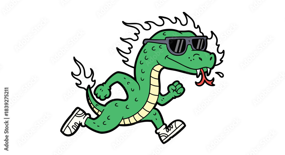 Fototapeta premium Cool Green Dragon Mascot Running with Sunglasses and Flames.