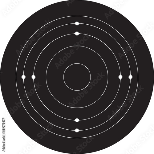 A black target with white concentric circles and five white dots against a white background