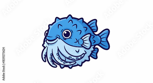 Cute blue pufferfish with tentacles cartoon illustration.
