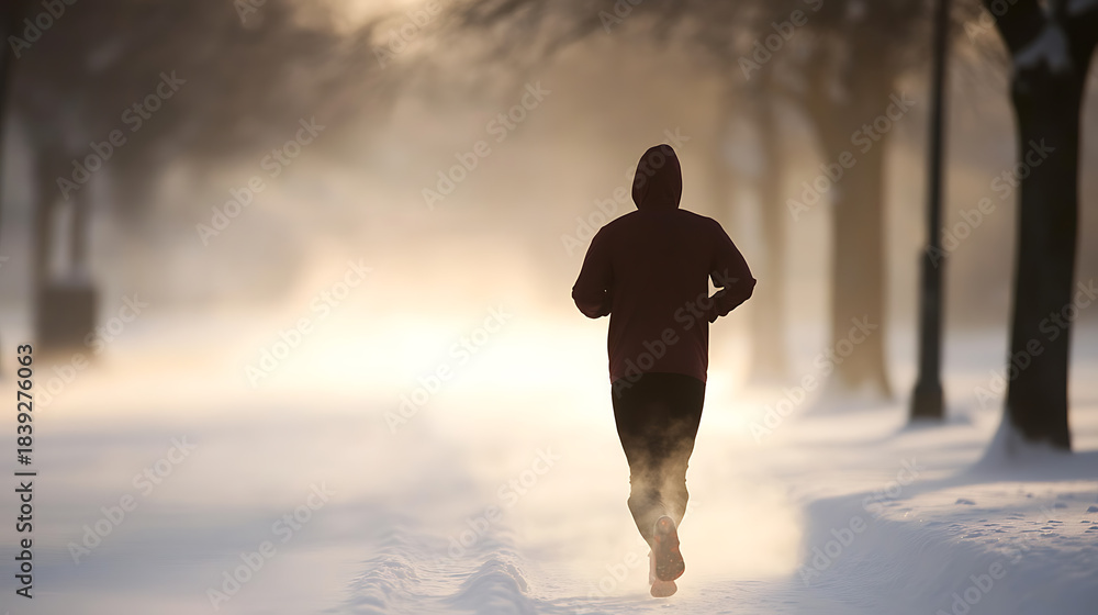 Fototapeta premium A solitary figure braves the snowy path. Each stride echoes in the crisp air, their determination a beacon in the wintry landscape. Running in winter is possible.