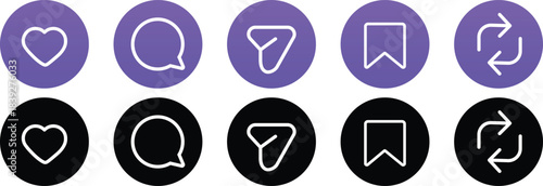 Like, Repost, comment share save vector icon set. Site navigation symbol. Social media web linear sign 