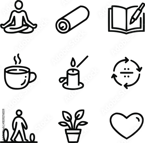 Mindful Living Outline Icons Set  Meditation, Journaling, Yoga, and Self-Care Practices