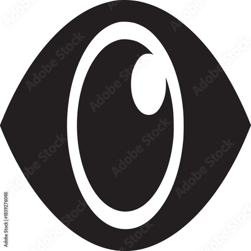 A minimalist black and white illustration of an eye with a circular iris and a white background
