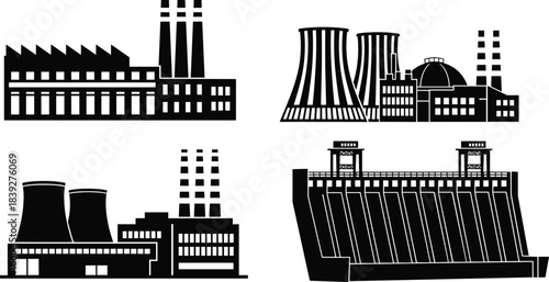Industrial power plant silhouettes, energy production facilities, factory chimneys, cooling towers, hydroelectric dam, electricity generation icons, black industrial illustrations, 