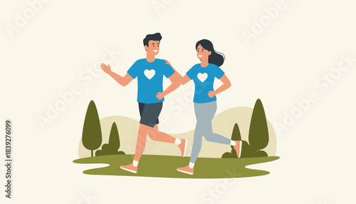 A couple participates in a charity run together wearing matching shirts and encouraging each other along the route.