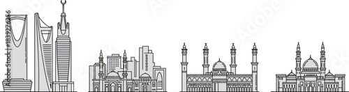 Saudi city skyline and mosque illustration set featuring iconic architecture, urban buildings, cultural landmarks, and detailed line art design elements for travel, heritage, and tourism visuals