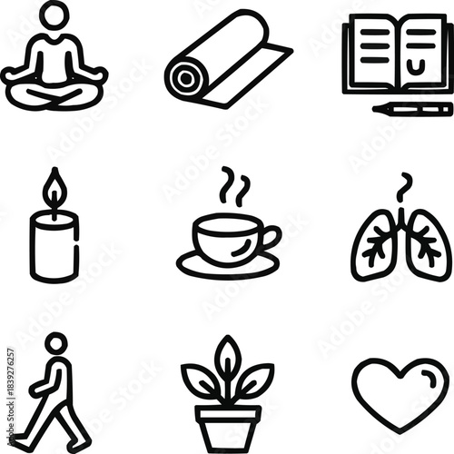 Mindful Living Outline Icons Set  Meditation, Journaling, Yoga, and Self-Care Practices