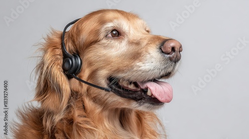 Golden retriever wears headset, looks to side. Dog tongue out. Headphone concept for call center customer service. Animal listening something. Cute pet on plain background smiles Generative Ai