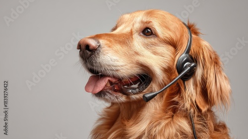 Golden retriever wears headset, looks to side. Dog tongue out. Headphone concept for call center customer service. Animal listening something. Cute pet on plain background smiles Generative Ai