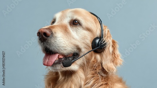 Golden retriever wears headset, looks to side. Dog tongue out. Headphone concept for call center customer service. Animal listening something. Cute pet on plain background smiles Generative Ai