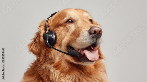 Golden retriever wears headset, looks to side. Dog tongue out. Headphone concept for call center customer service. Animal listening something. Cute pet on plain background smiles Generative Ai