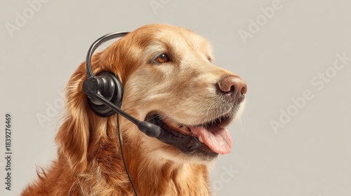 Golden retriever wears headset, looks to side. Dog tongue out. Headphone concept for call center customer service. Animal listening something. Cute pet on plain background smiles Generative Ai