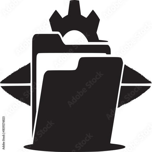 A black and white graphic illustration of a folder with a gear on top in simple style design