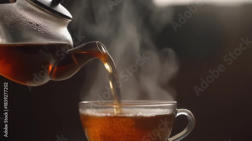 Steaming amber tea being poured into a clear glass teacup with a glass teapot, dark background, warm tones, dynamic motion