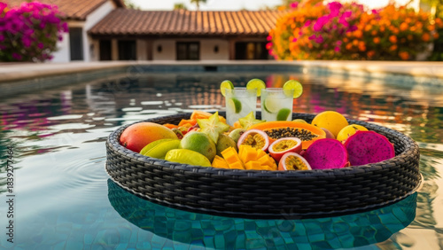 Vibrant Mexican living room filled with tropical flowers opening to a sparkling pool
