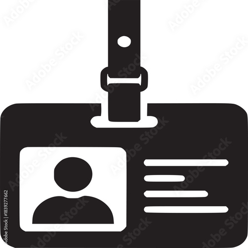 A black and white graphic of an identification badge hanging from a black lanyard on a white background