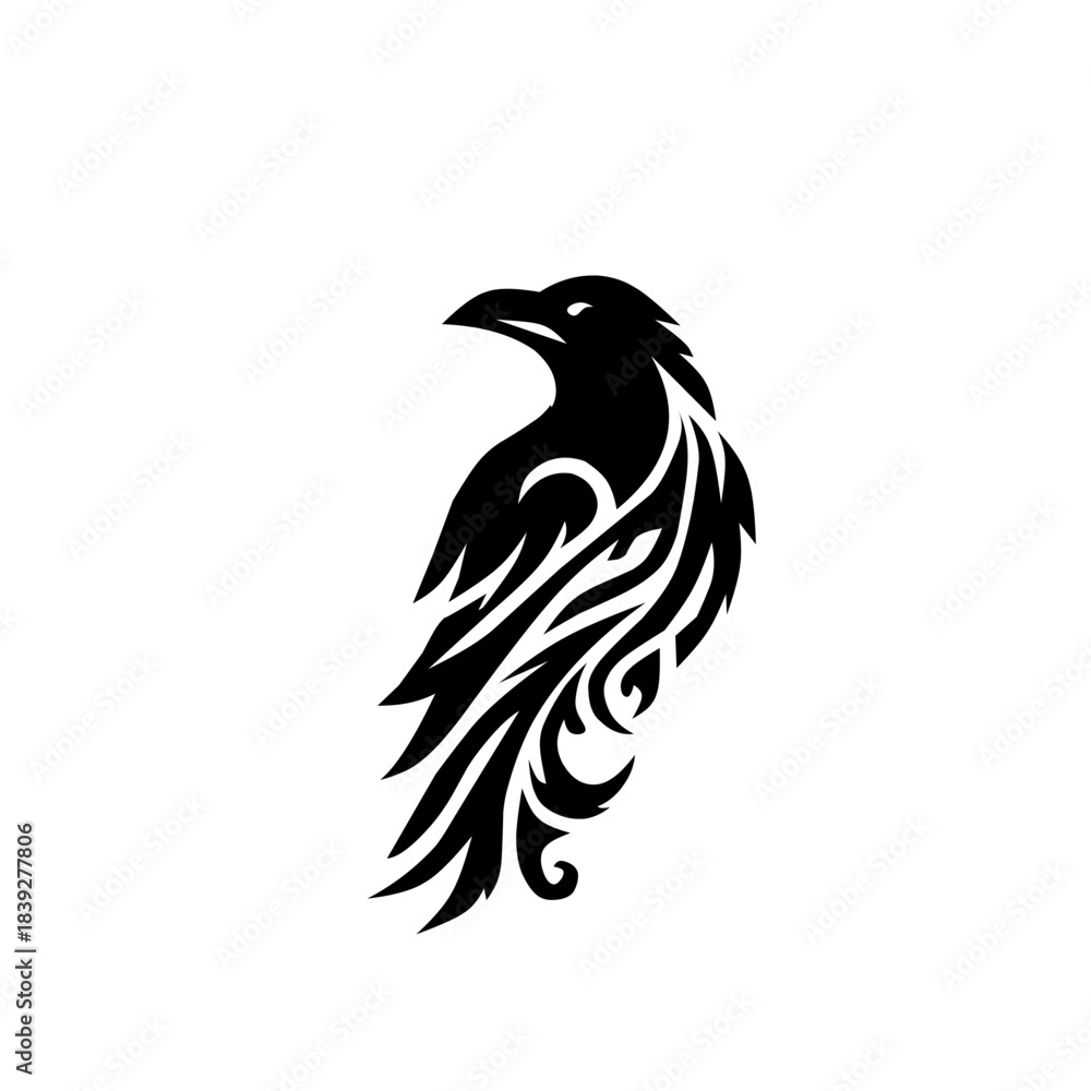 Obraz premium Intricate black tribal raven/crow design. Majestic bird illustration with swirling, flowing patterns perfect for tattoo art, logos, and apparel.