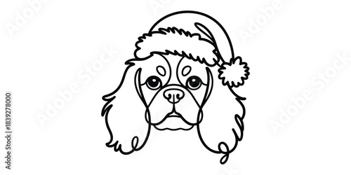 Continuous line drawing of dog in santa hat