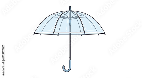 Clear dome umbrella with black trim and a curved handle for protection from the rain.