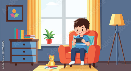 A young boy enjoys playing a video game on his console while sitting comfortably in an armchair at home.