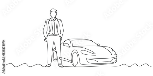 Businessman with sporty car continuous line art
