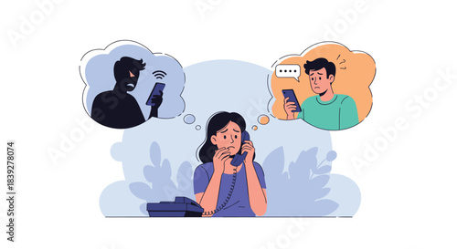 Woman stressed while talking on the phone, imagining negative conversations.