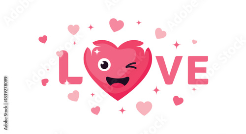 A cute pink heart character winks and spells out the word love with decorative hearts and sparkles.