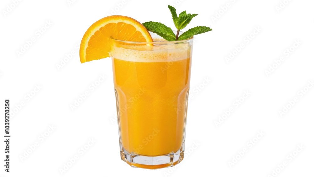 Naklejka premium Isolated glass of fresh orange juice with orange slice and sprig of mint on the glass rim