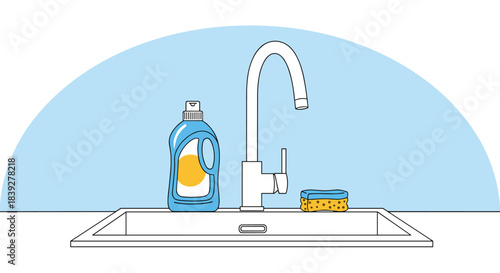 Illustration of a kitchen sink with a bottle of dish soap and a sponge.