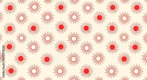 Seamless pattern of red sunbursts and solid red suns on a light cream background.
