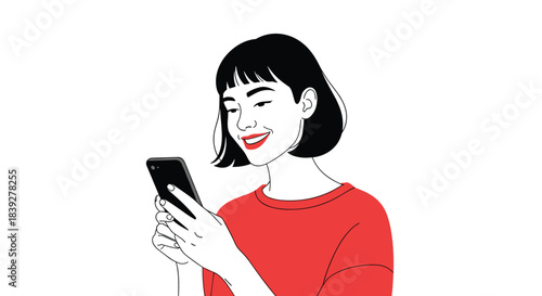 Young woman in a red shirt smiles while looking at her smartphone.