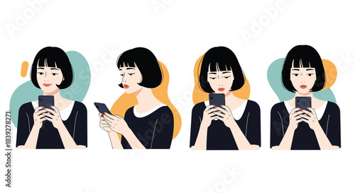 Four young women in black dresses looking at their smartphones with varied expressions.