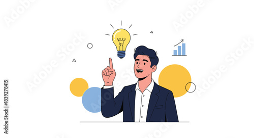 A businessman with a bright idea symbolized by a glowing light bulb above his head.