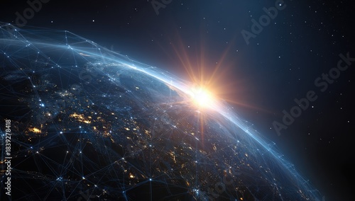 Earth's horizon glows; interconnected nodes create digital web over night lit continents against starry deep space