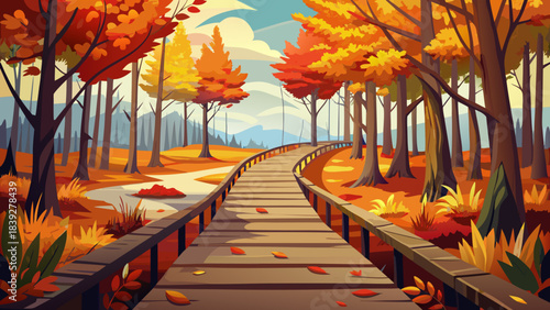 Very beautiful boardwalk trail through Vermont’s autumn woods, with rich colors, falling leaves, and a calm natural atmosphere perfect for seasonal design themes.