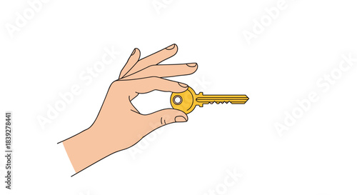 A hand holding a golden key with a serrated edge and a circular head.