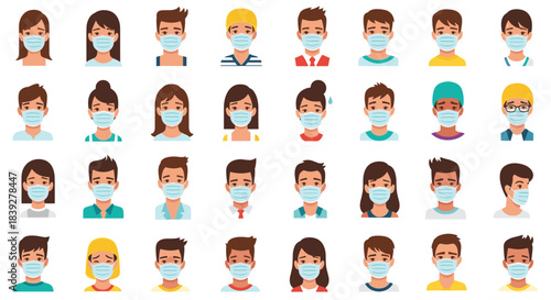 Diverse group of people wearing face masks, representing health and safety during a pandemic.