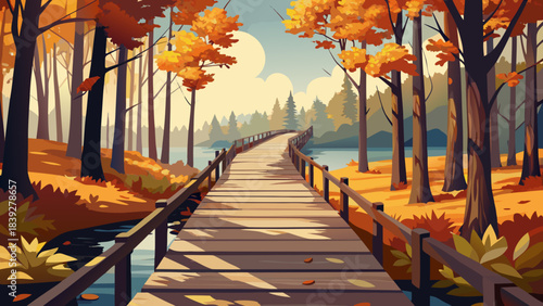 Very beautiful boardwalk trail through Vermont’s autumn woods, with rich colors, falling leaves, and a calm natural atmosphere perfect for seasonal design themes.