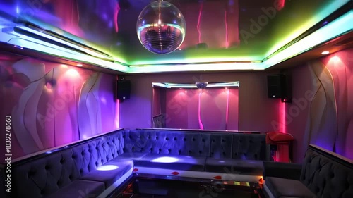 Empty karaoke room with vibrant neon lights and comfortable seating, perfect for a night out with friends.