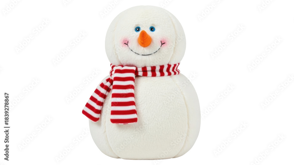 Fototapeta premium Isolated plush snowman toy, happy holiday character with cheerful face and striped scarf