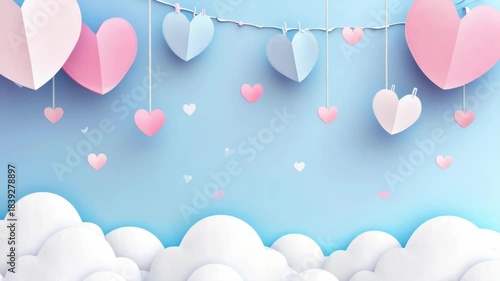 A digital of a blue background with pink and white hearts hanging as decorations in the shape of a garland.