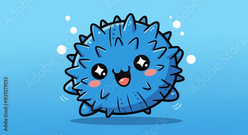 Cute Blue Pufferfish Cartoon Character with Sparkling Eyes.
