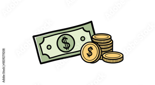 Illustration of a dollar bill and a stack of gold coins with dollar signs.