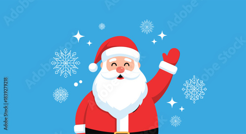 Illustration of Santa Claus waving happily with snowflakes and stars against a blue background.