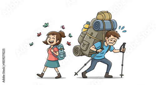 A young girl happily walks with a small backpack, while a man struggles under a huge load with hiking poles.