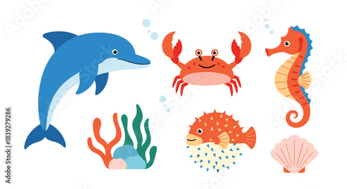Cute cartoon marine animals including a dolphin, crab, seahorse, pufferfish, seashell and coral reef;.