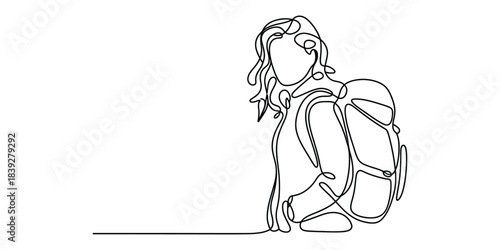 Continuous line drawing of a hiker with backpack