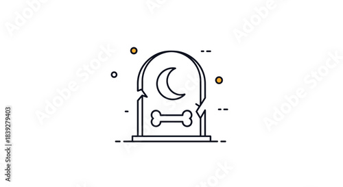 Line art icon of a tombstone with a crescent moon and a bone.